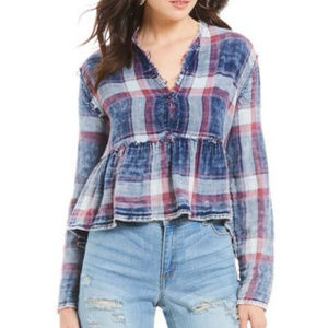 GB Plaid Raw Hem Babydoll Cropped Top